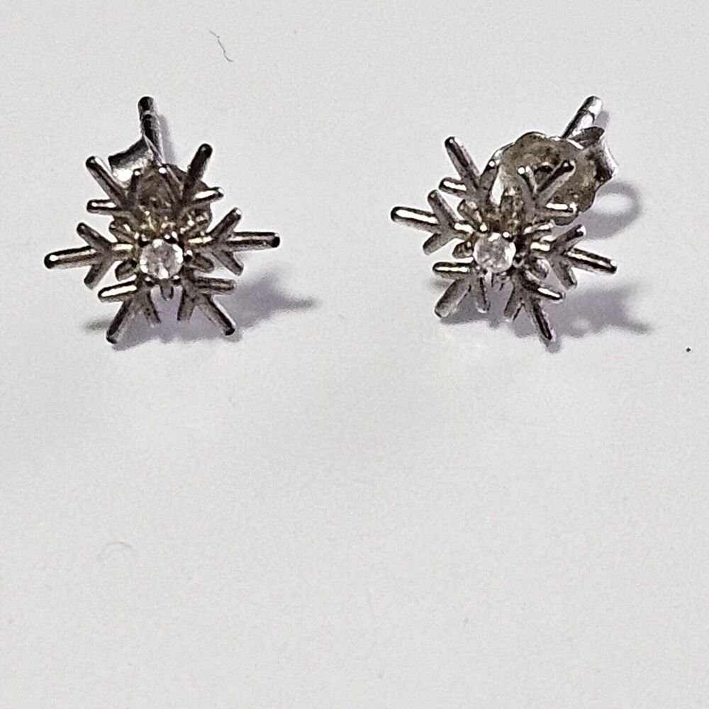 Sterling Silver Dainty Snowflake Clear Rhinestone Accent Earrings